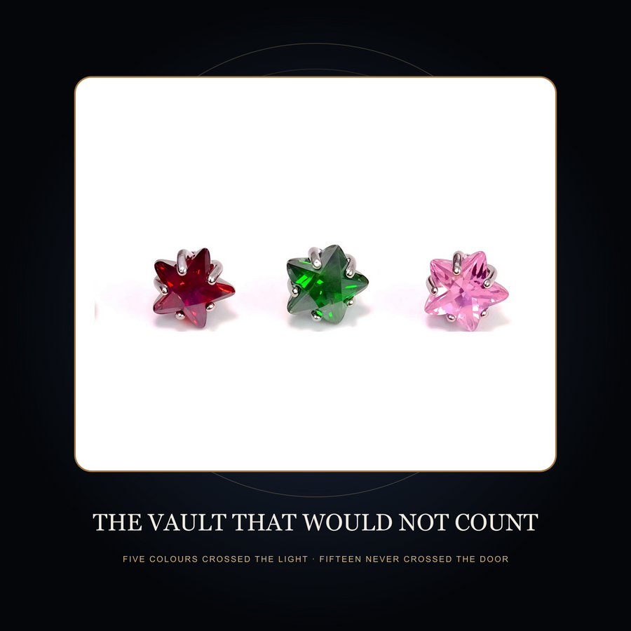 Three coloured star-form samples in the fictional Vault That Would Not Count story scene