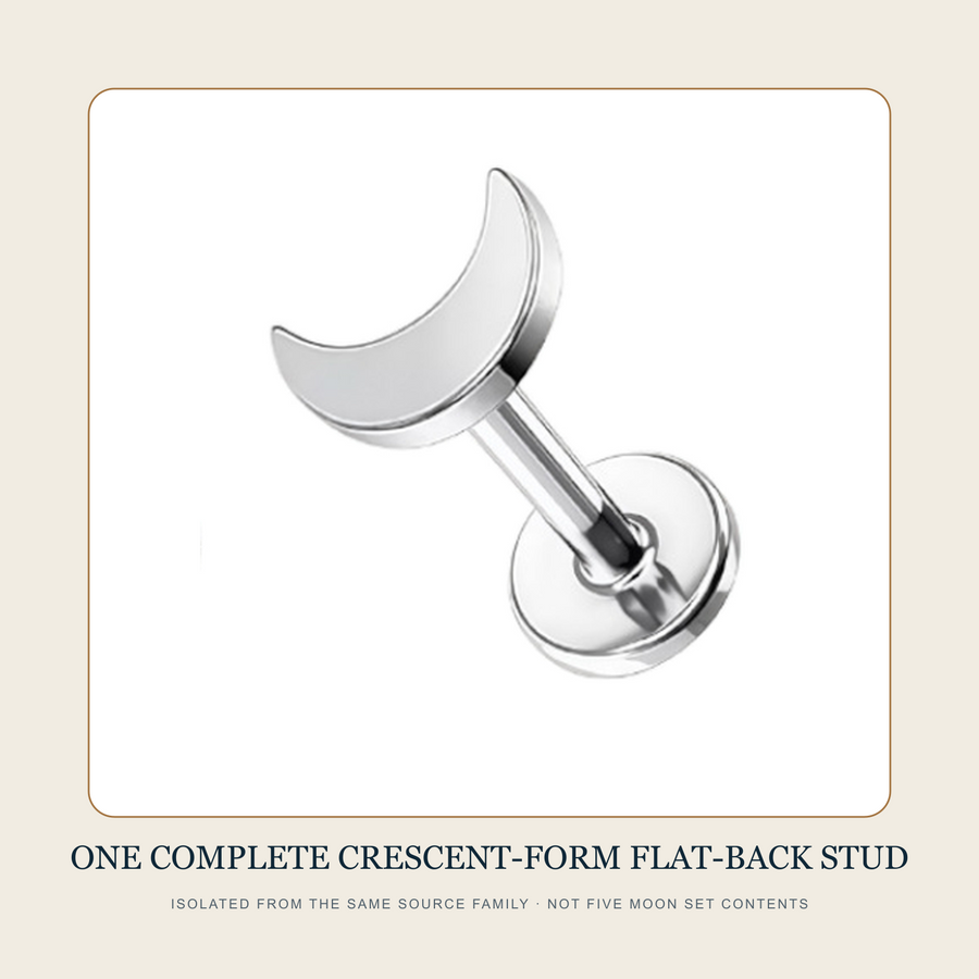 One complete steel-tone crescent-form flat-back stud source assembly isolated from the same source family