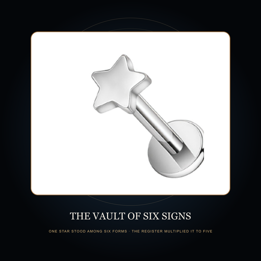 Complete star-form flat-back stud witness in the fictional Vault of Six Signs story scene