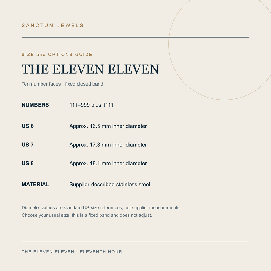 The Eleven Eleven US 6 to 8 fixed-band size and number options guide in English