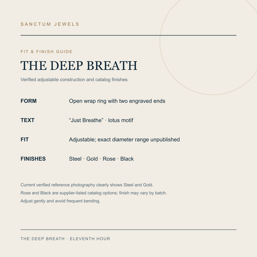 The Deep Breath adjustable fit and four supplier-listed finish guide in English