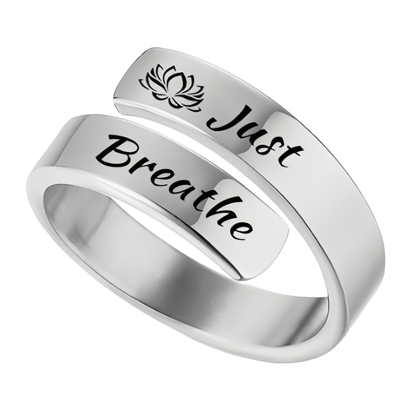 The Deep Breath adjustable Steel finish ring engraved Just Breathe with a lotus