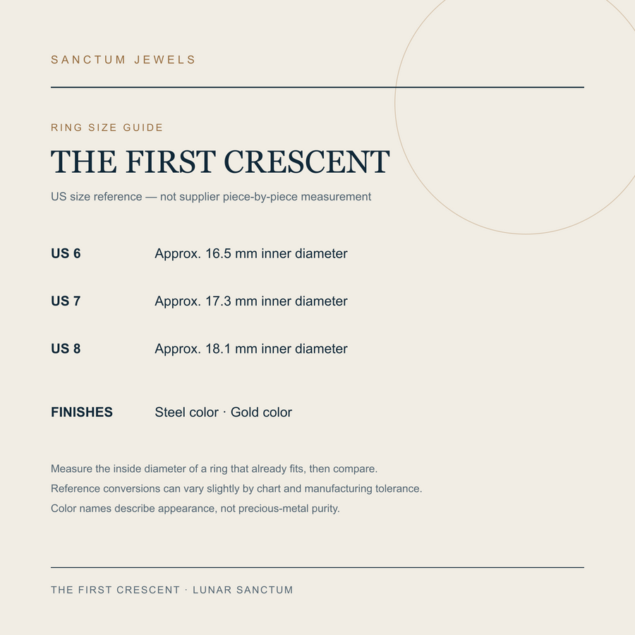 The First Crescent US 6 7 and 8 ring size reference guide in English