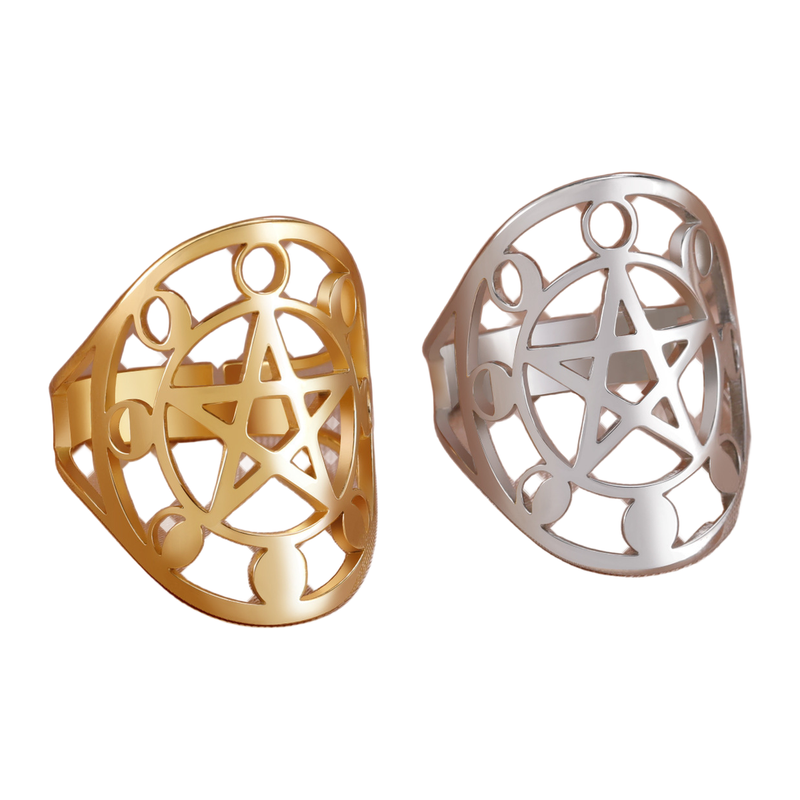 The Hollow Moon openwork moon phase star ring in Gold and Steel colors