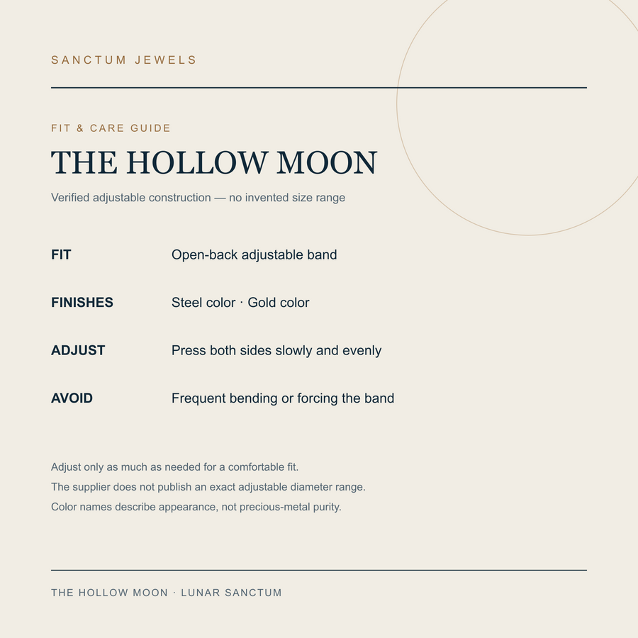 The Hollow Moon adjustable fit and care guide in English