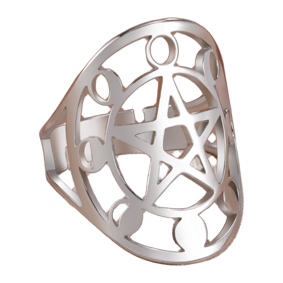 Detailed Steel color view of The Hollow Moon five-point star and moon phase ring