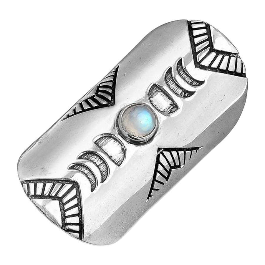 Angled view of The Lunar Embrace wide silver-tone shield ring
