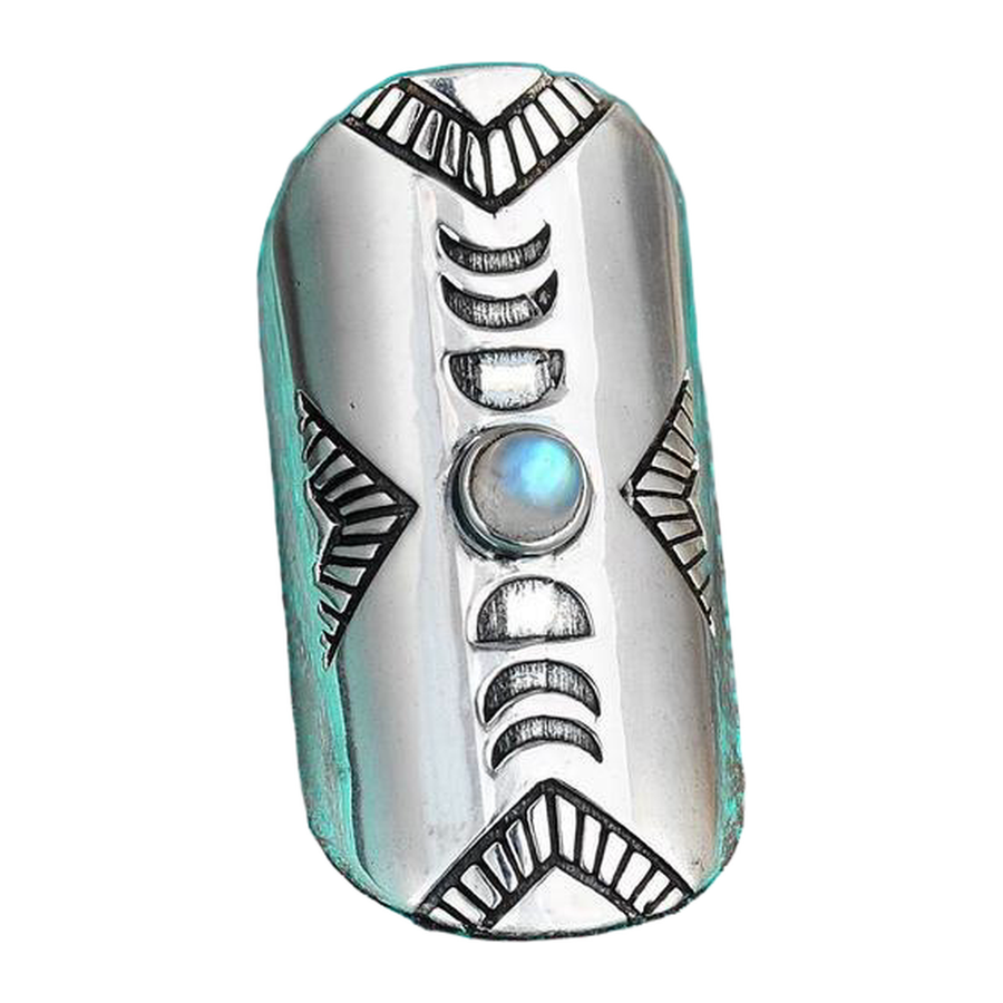 Front view of The Lunar Embrace mirrored moon phases and round blue-sheen center