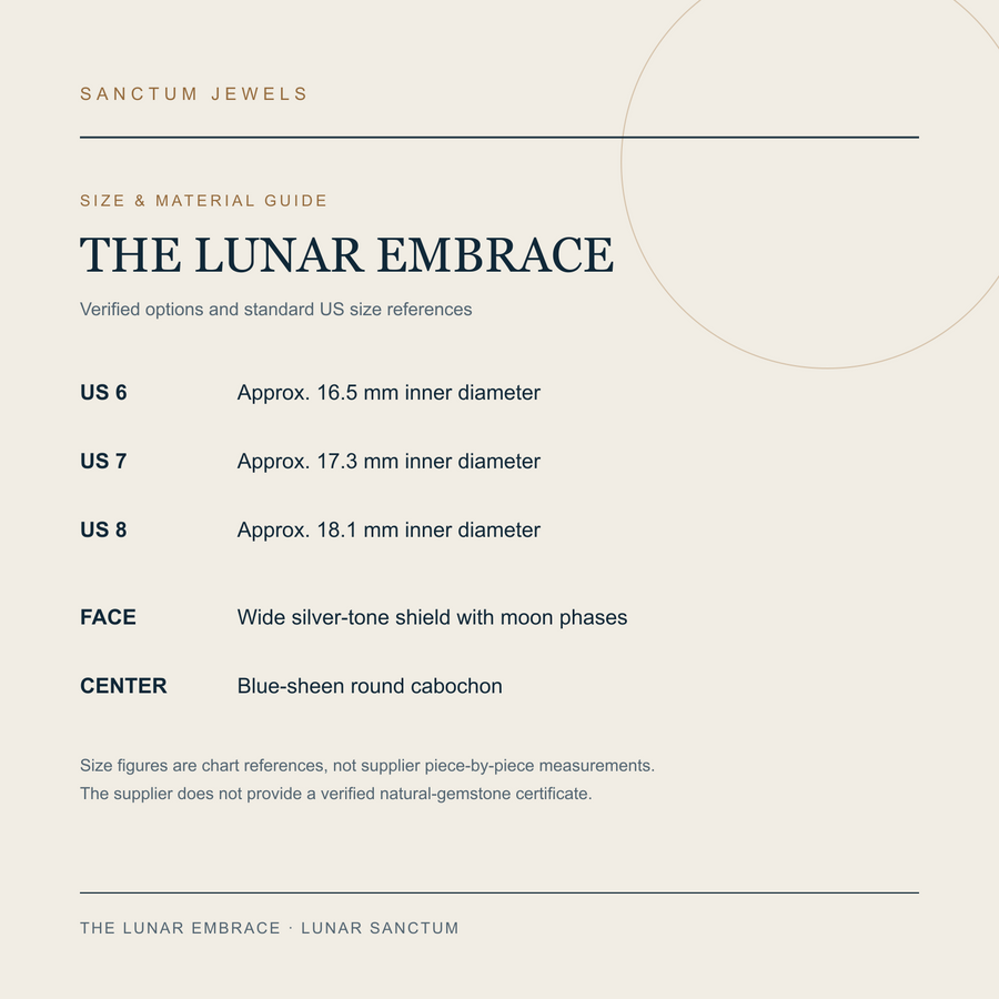 The Lunar Embrace US 6 7 and 8 size and material guide in English