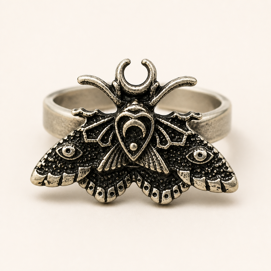 Antique silver luna moth threshold ring, front product view