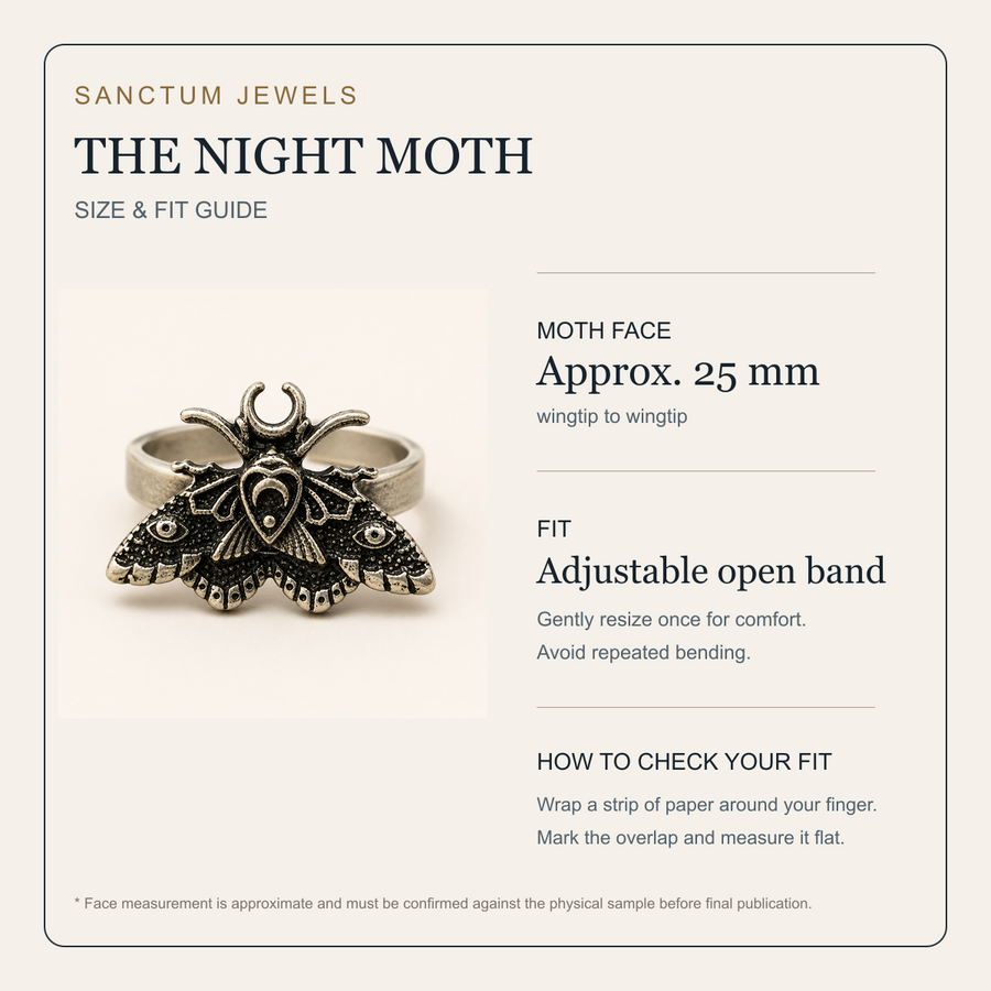 Night Moth adjustable ring size and fit guide