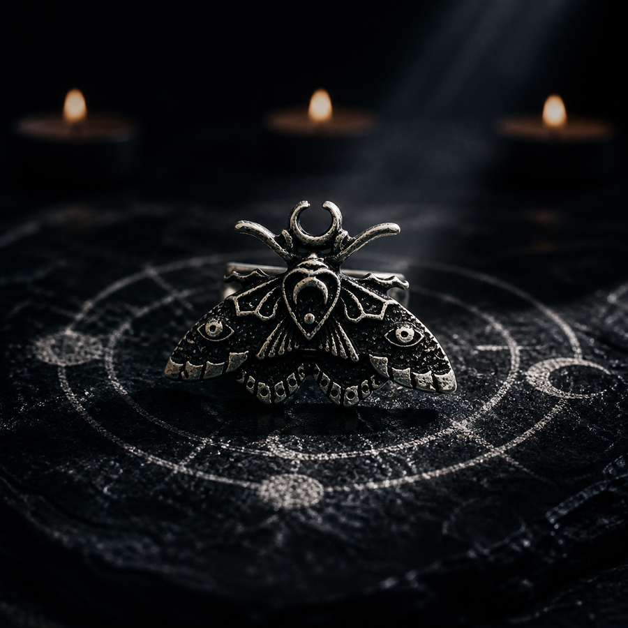 Antique silver luna moth ring on an obsidian altar within a lunar seal