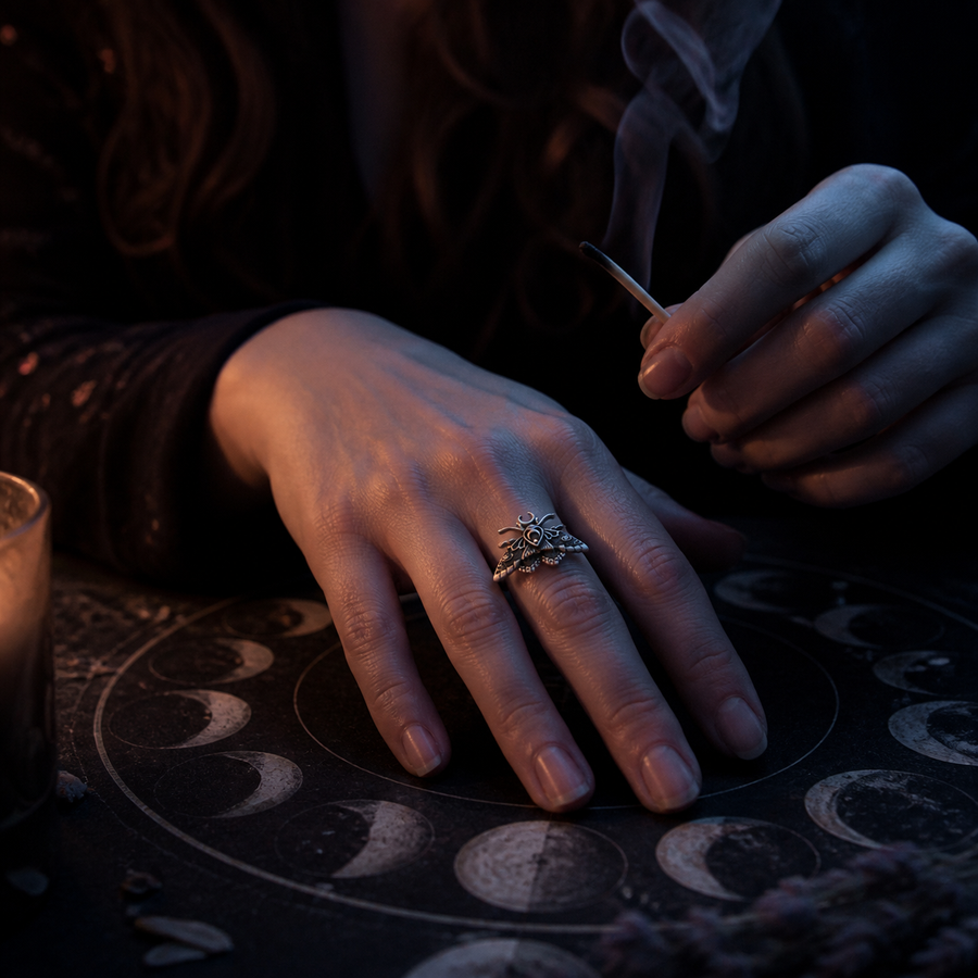 Hand wearing the Night Moth ring during a quiet candlelit threshold ritual