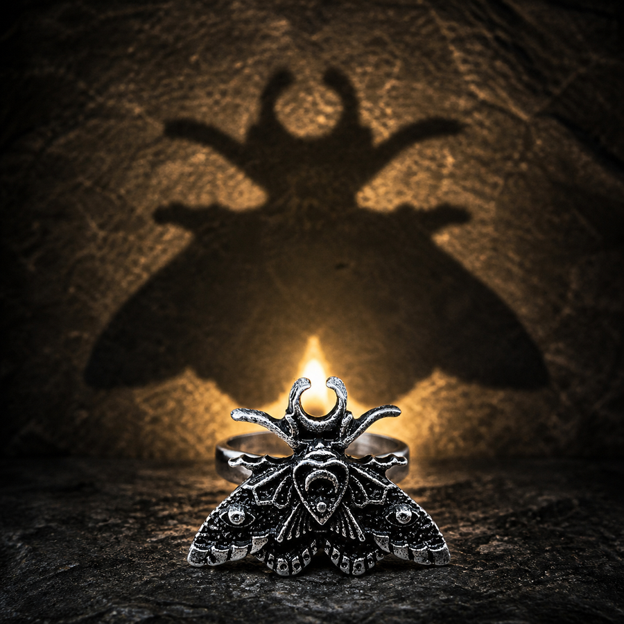 Night Moth ring casting a monumental moth-shaped totem shadow