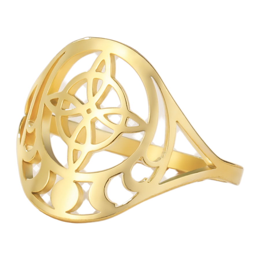 Side view of The Witch Knot openwork Gold color ring and band