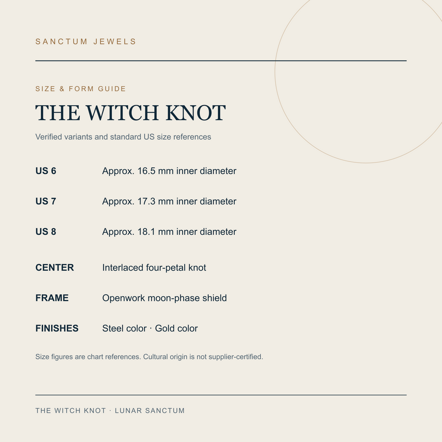 The Witch Knot US 6 7 and 8 size and form guide in English
