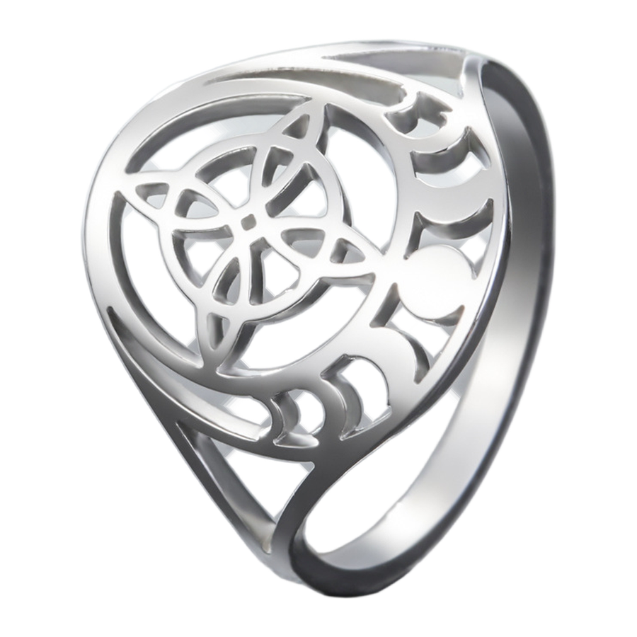 The Witch Knot interlaced four-petal moon phase ring in Steel color