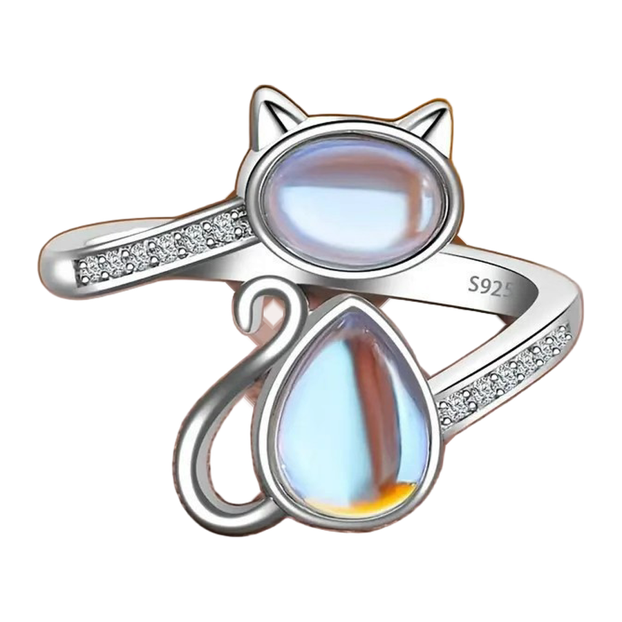 Angled view of The Familiar silver-tone adjustable cat ring
