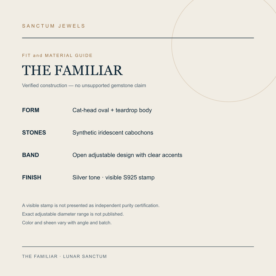The Familiar adjustable fit and synthetic cabochon material guide in English