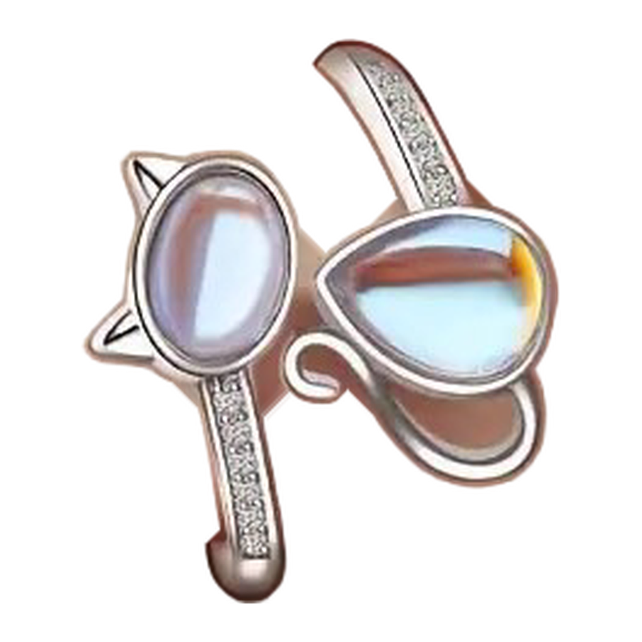 Front view of The Familiar synthetic iridescent cat cabochon ring