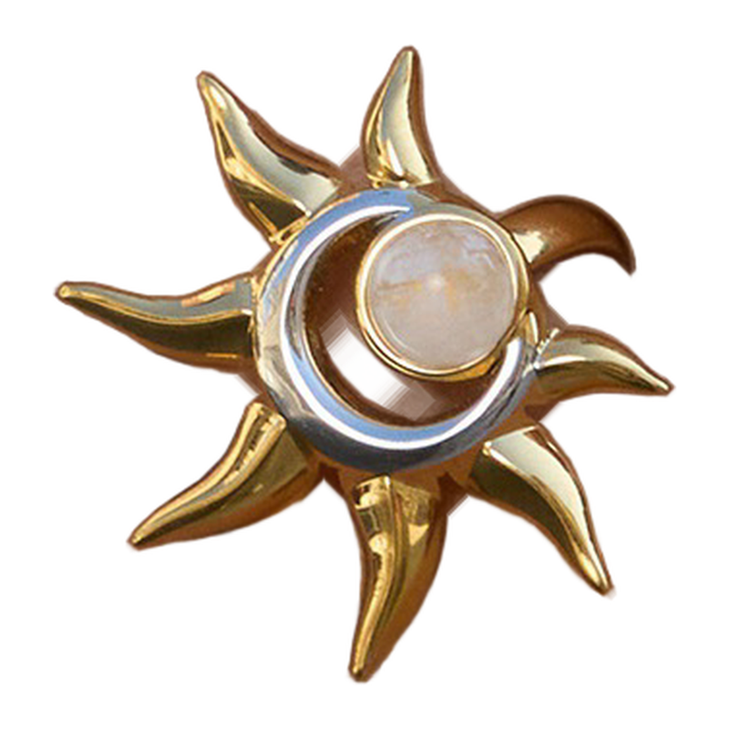 Front view of The Daystar sun and crescent cabochon ring