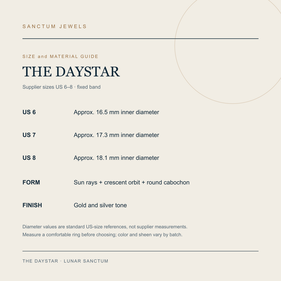 The Daystar US 6 to 8 size and material guide in English