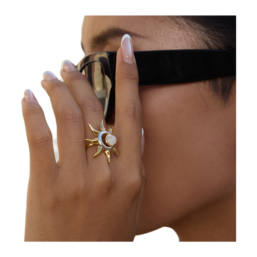 The Daystar fixed-band celestial ring worn on the hand