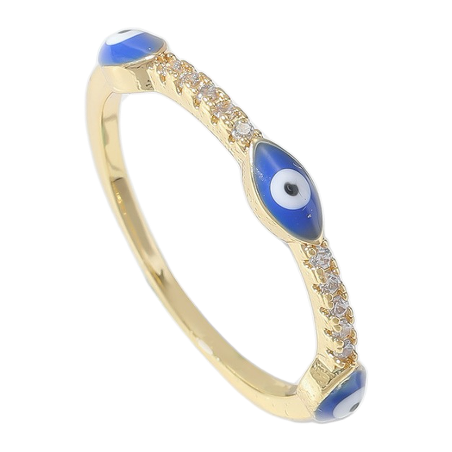 Angled view of The Quiet Eye gold-tone ring with three blue eye motifs