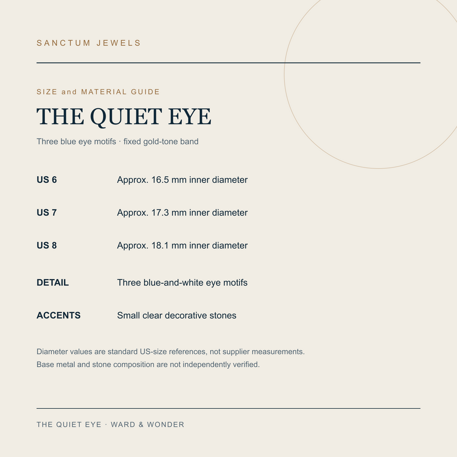 The Quiet Eye US 6 to 8 size and material guide in English