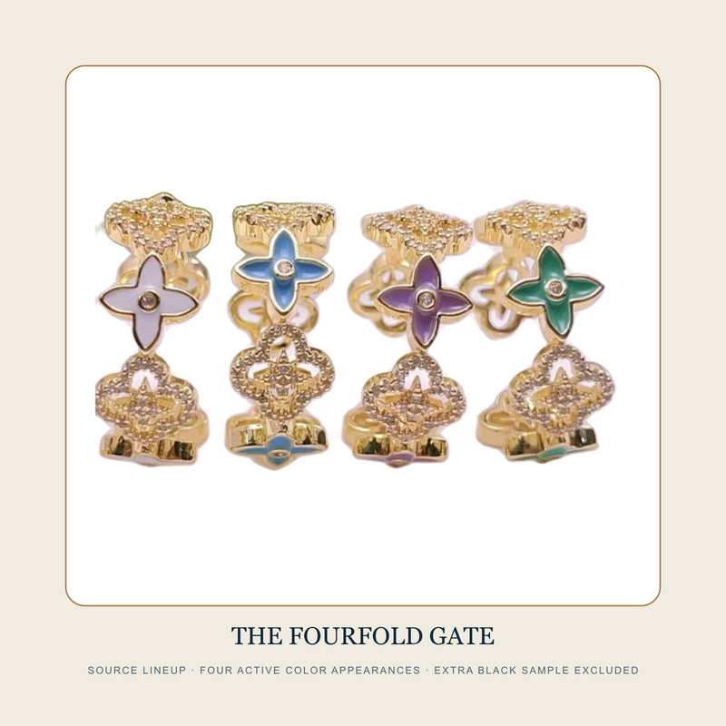 The Fourfold Gate source lineup showing White, Blue, Purple and Green four-petal openwork wide rings