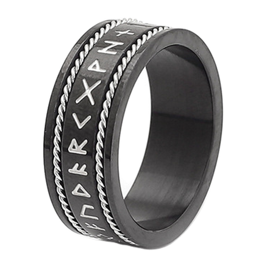 Black-finish Runewire ring with rune-style center marks and cable borders
