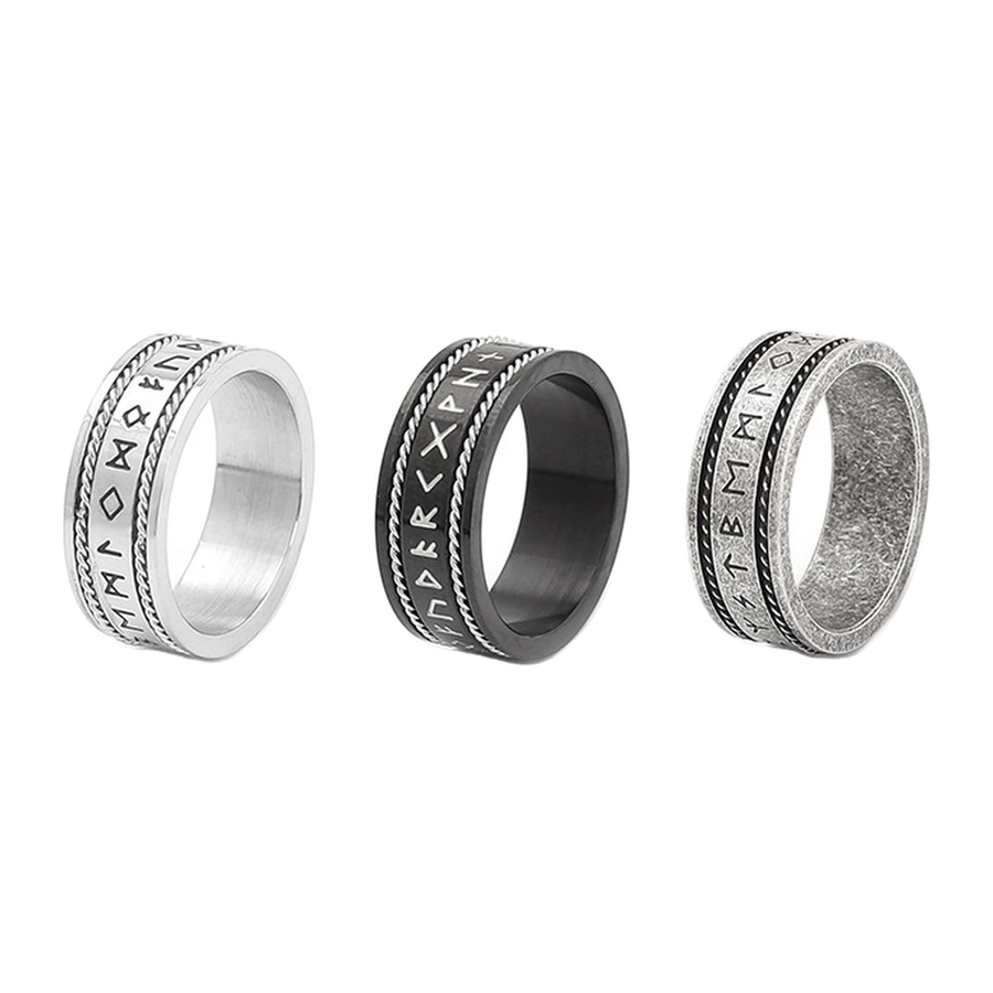 The Runewire wide ring in steel, black and antique-silver finishes