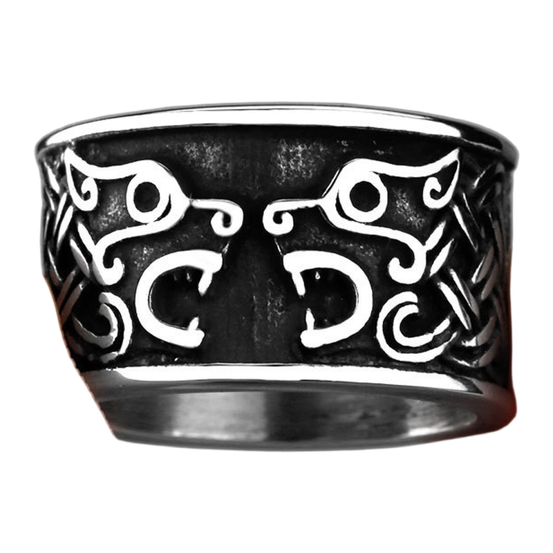 Front view of The Twin Wolves mirrored wolf-style wide band ring