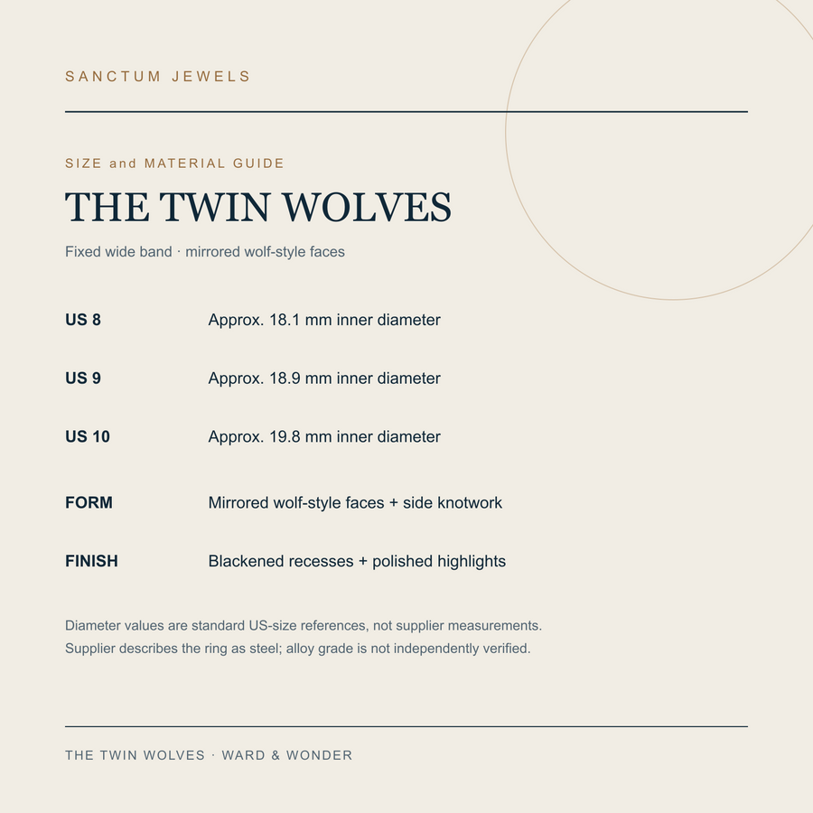 The Twin Wolves US 8 to 10 size and material guide in English