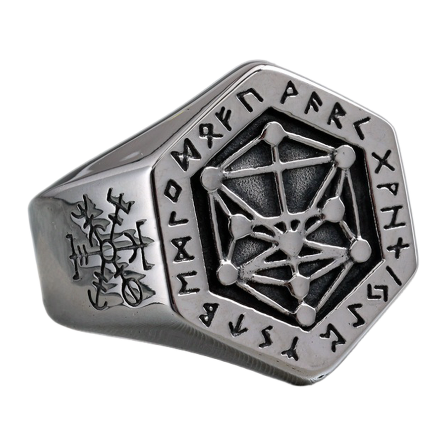 Left-angle view of The Night Web hexagonal signet ring and decorative side marks