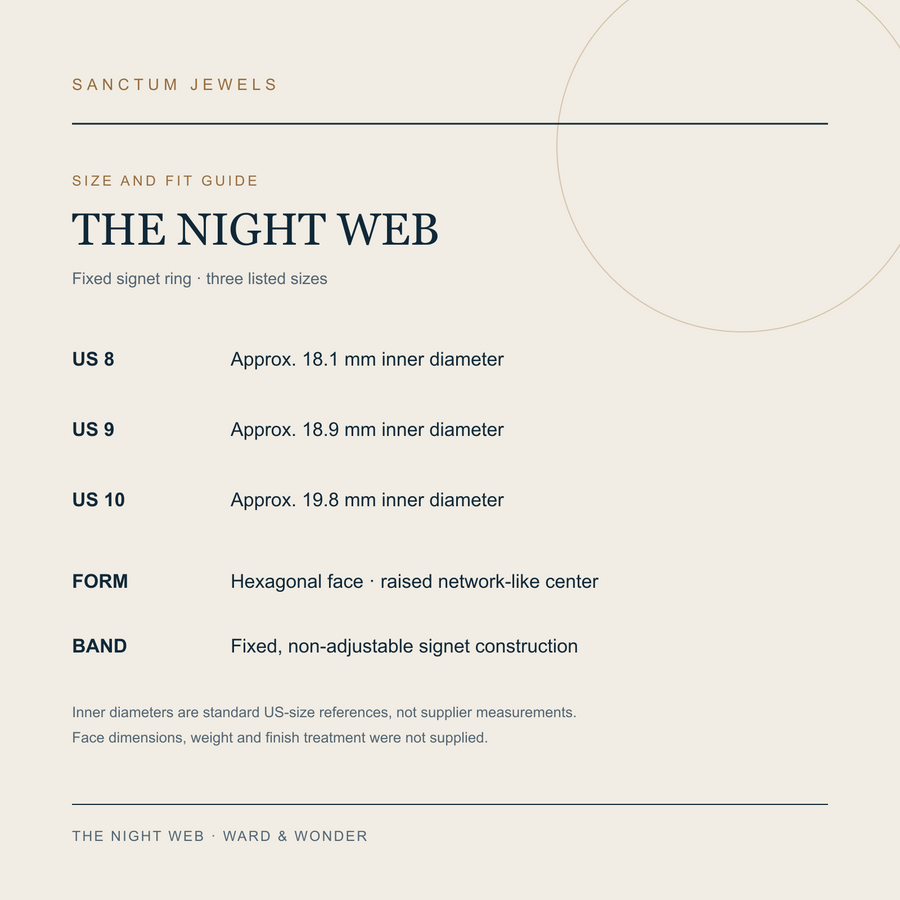 The Night Web US 8 to 10 size and fit guide in English