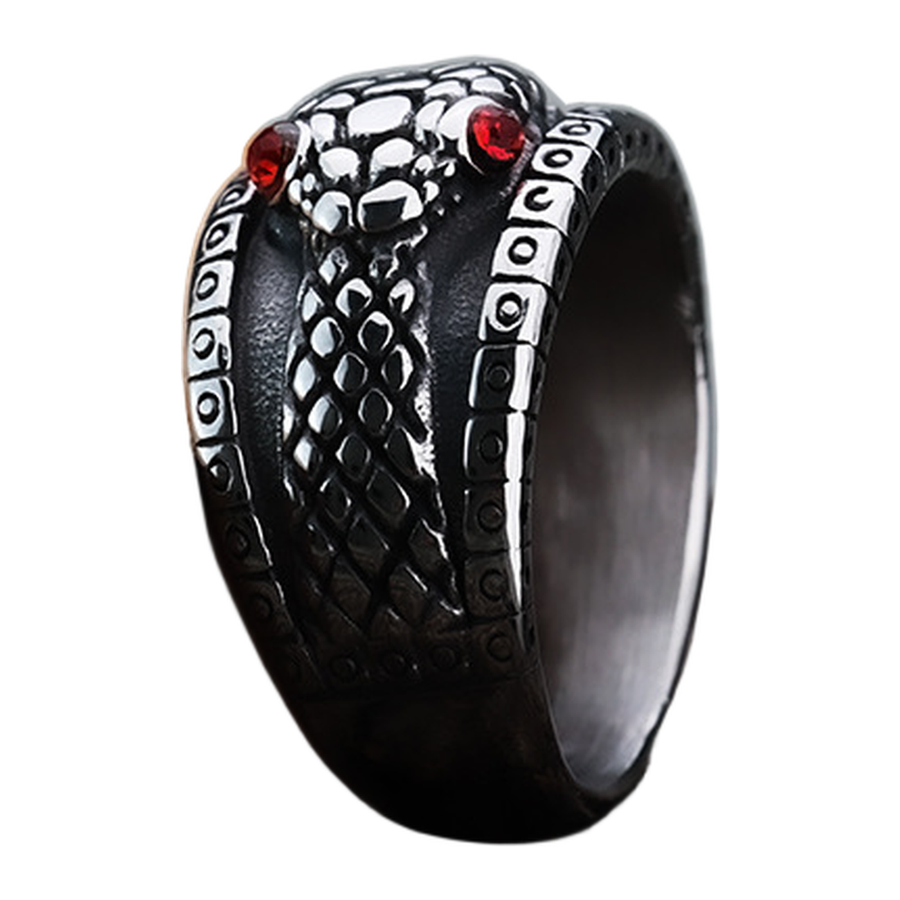 Angled view of The World Serpent scaled blackened serpent ring