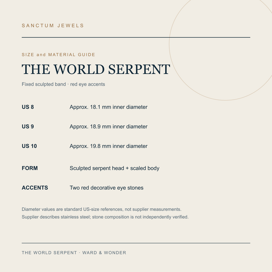 The World Serpent US 8 to 10 size and material guide in English