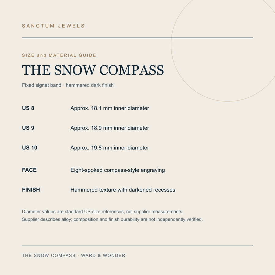 The Snow Compass US 8 to 10 size and material guide in English