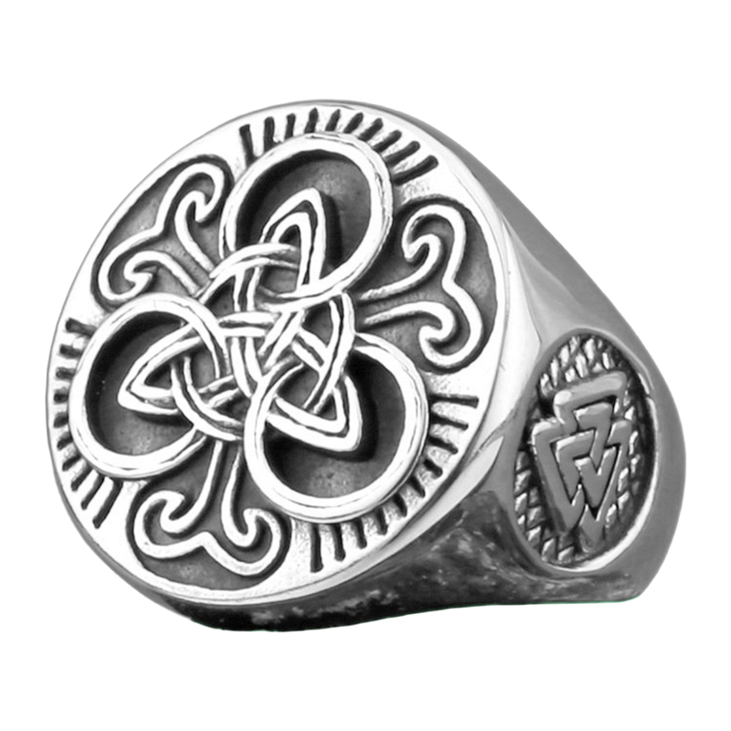Angled view of The Ninefold interlaced triple-knot signet ring