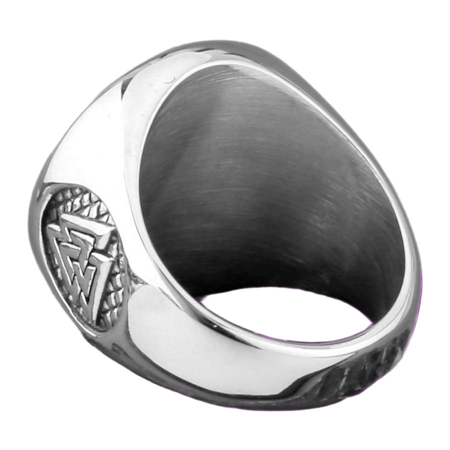 Inner and side view of The Ninefold fixed signet band and side emblem
