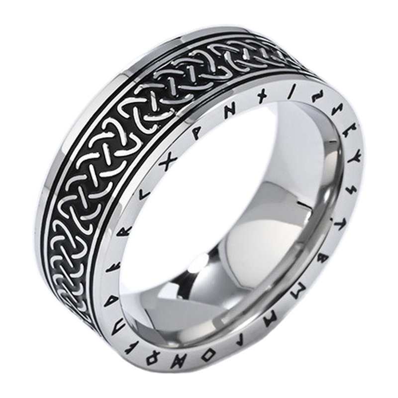 Steel finish of The Runeknot woven knotwork wide band ring