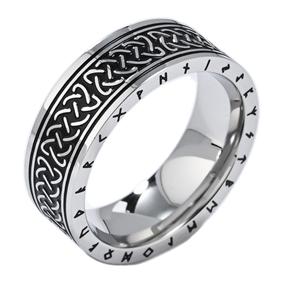 Steel finish of The Runeknot woven knotwork wide band ring