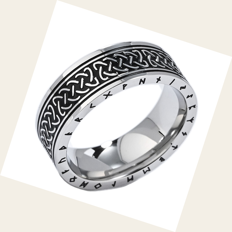 Secondary view of The Runeknot Steel ring and rune-style rim marks