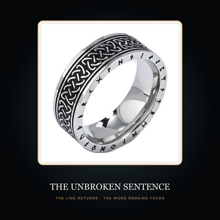 The Runeknot Steel ring in the fictional Unbroken Sentence story scene