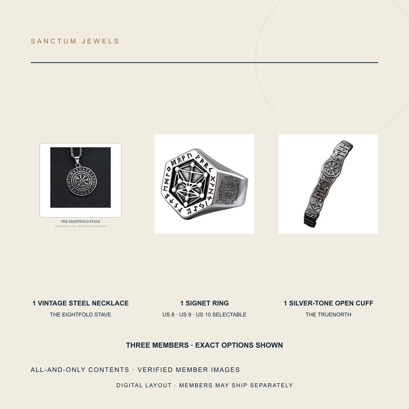 Digital all-and-only contents layout showing the three exact jewelry members in The Three Silent Roads set