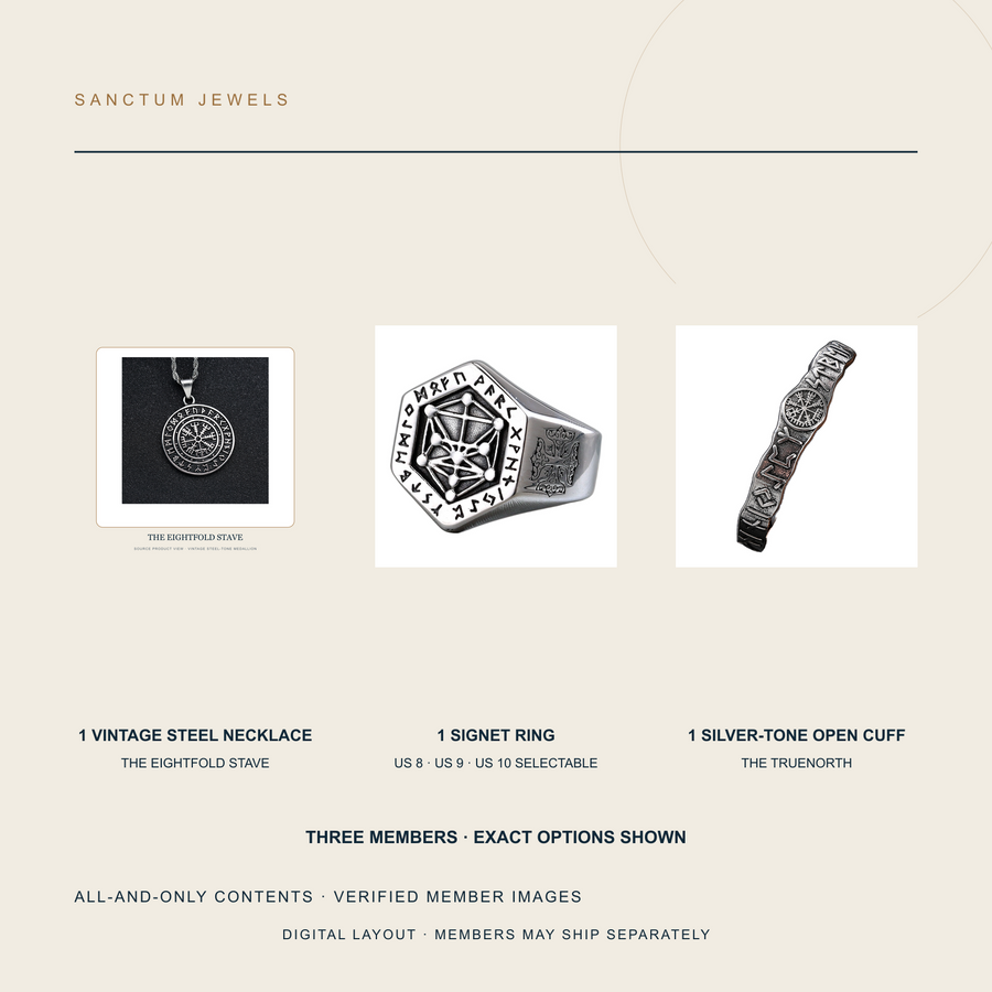 Digital all-and-only contents layout showing the three exact jewelry members in The Three Silent Roads set