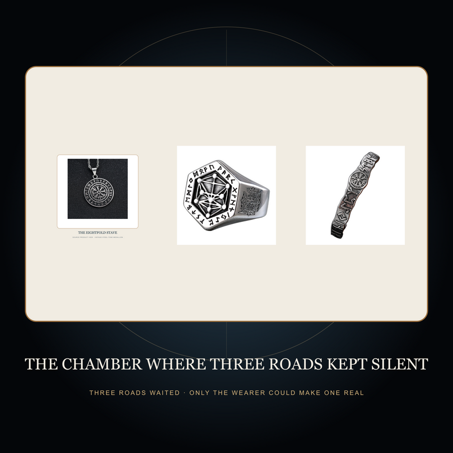 The three exact member products in the fictional Chamber Where Three Roads Kept Silent story scene