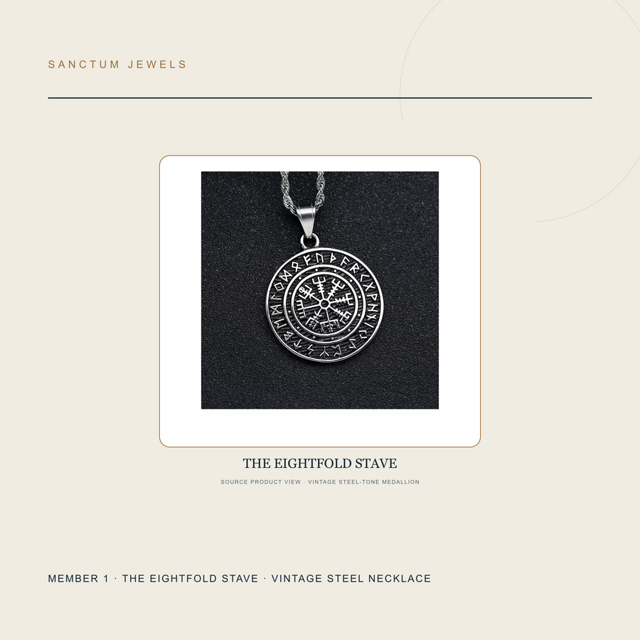 Vintage Steel Eightfold Stave circular medallion necklace included in The Three Silent Roads set