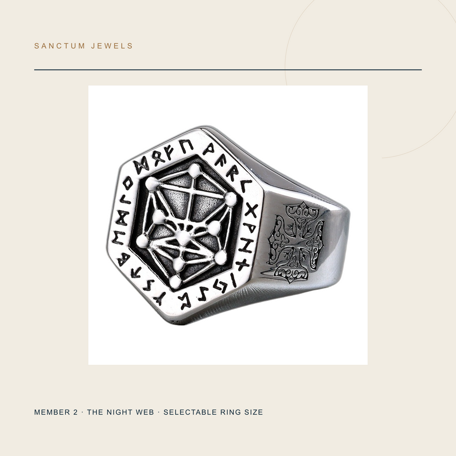 Night Web fixed hexagonal signet ring included in the customer-selected size